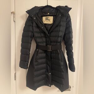 Burberry Black Belted Puffer Jacket with Fur Trim on Detachable Hood, US size 12